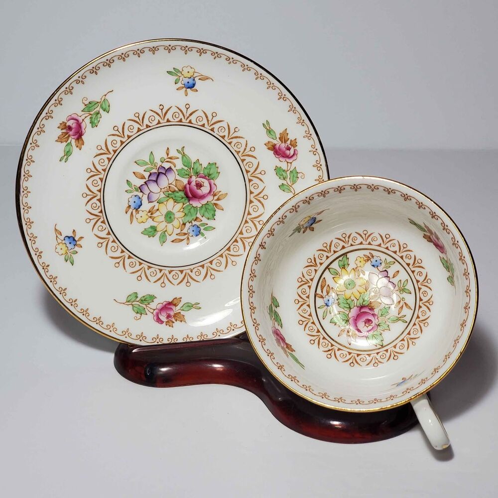 Royal Chelsea Teacup and Saucer Pink Yellow Purple Flowers Vintage
